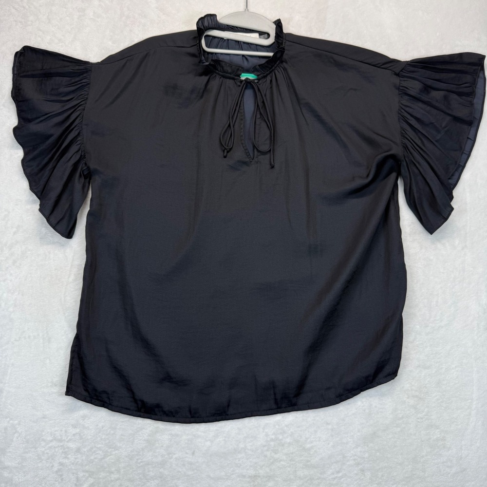 Mustard Seed Ruffle Sleeve Blouse Tie Neck Top Flowy Black Small